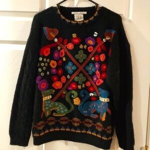 Ivy Vintage 90s Hand Knit Acrylic Sweater Wearable Animal Art Small